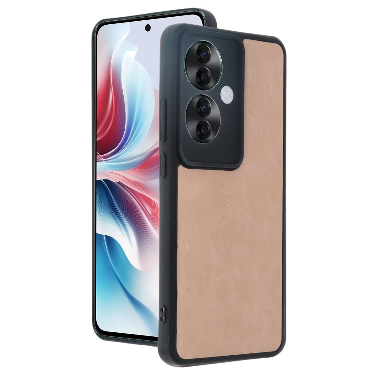Deri kılıflı ve üçlü kamera modüllü bir akıllı telefon.