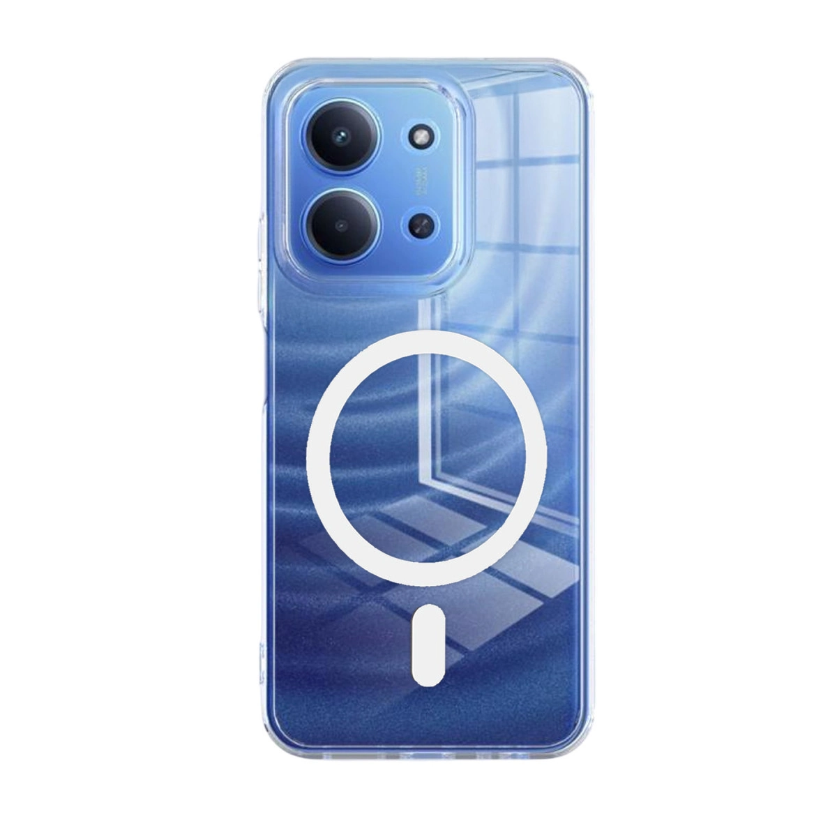 Mavi desenli şeffaf telefon kılıfı, beyaz halka/çizgi logo.