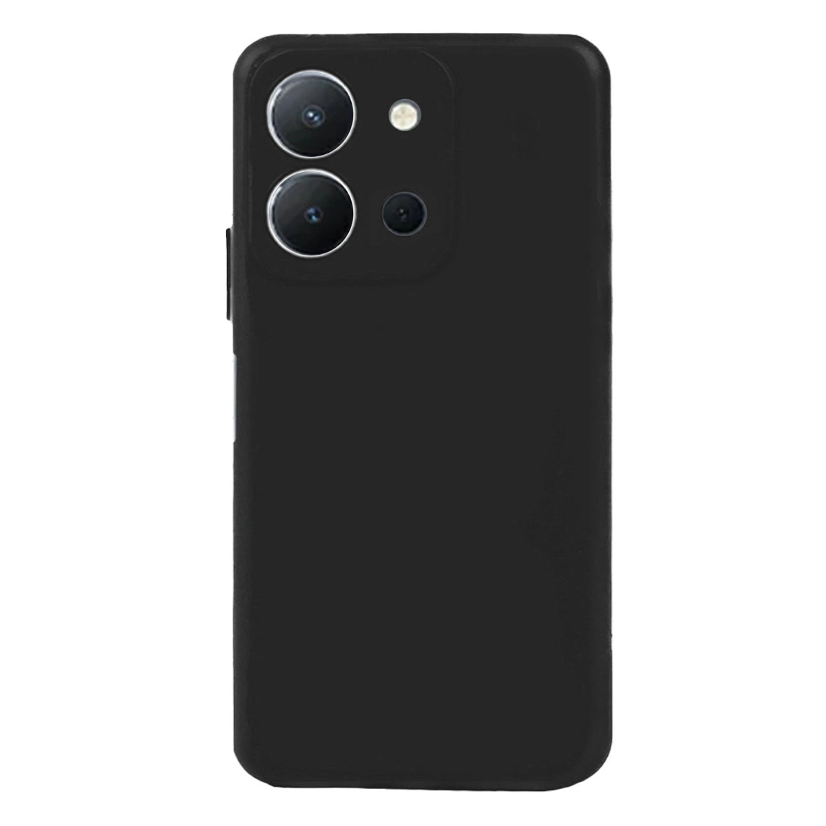 Üçlü lens kamera dizilimine ve flaşa sahip siyah telefon kılıfı.
