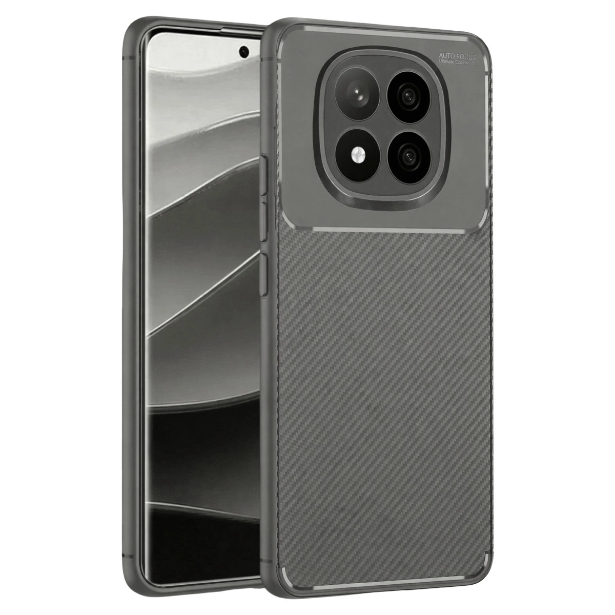Karbon fiber dokulu, koyu gri telefon kılıfı ve kamera kesiği.