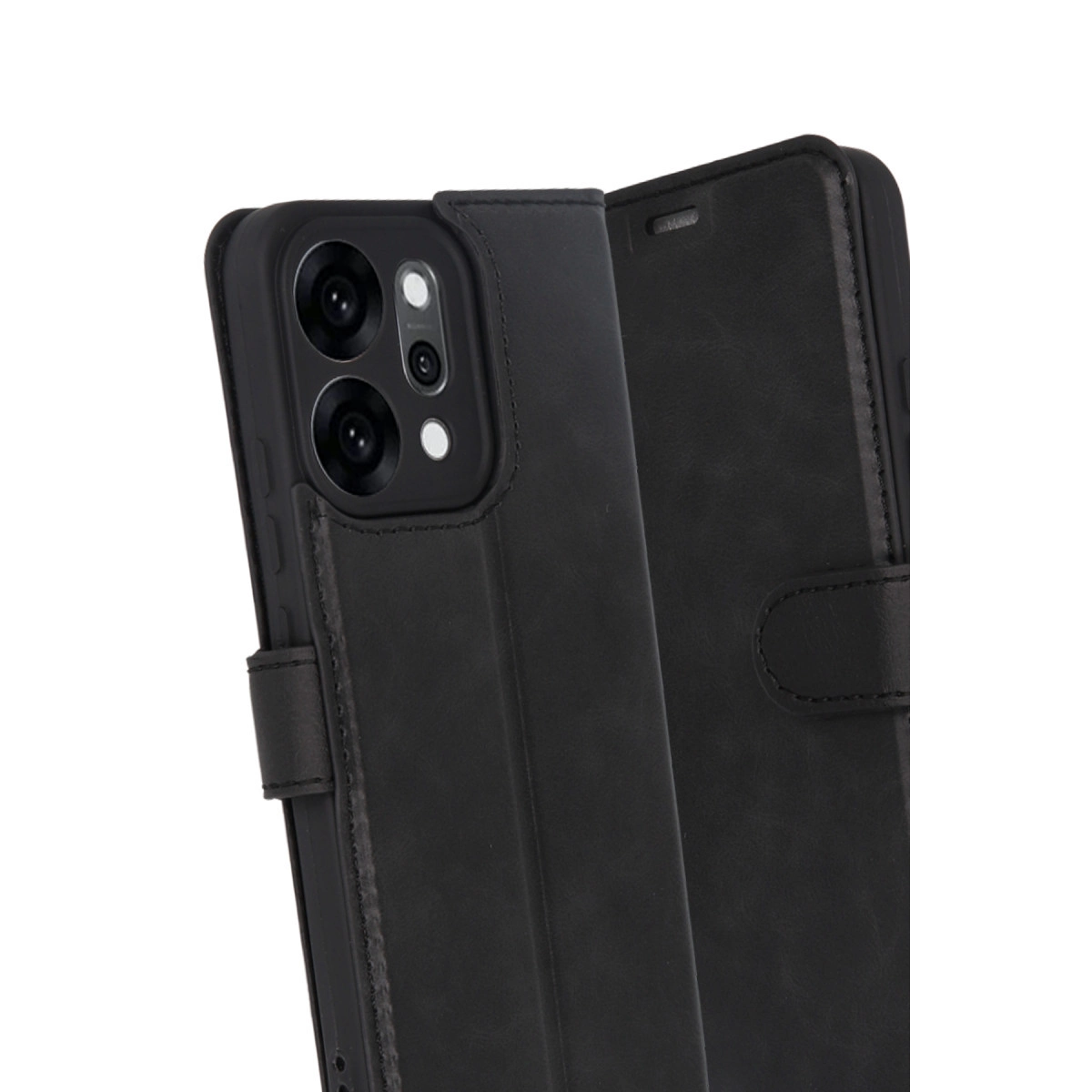 Arkada üçlü kamera lensli siyah deri telefon kılıfı.