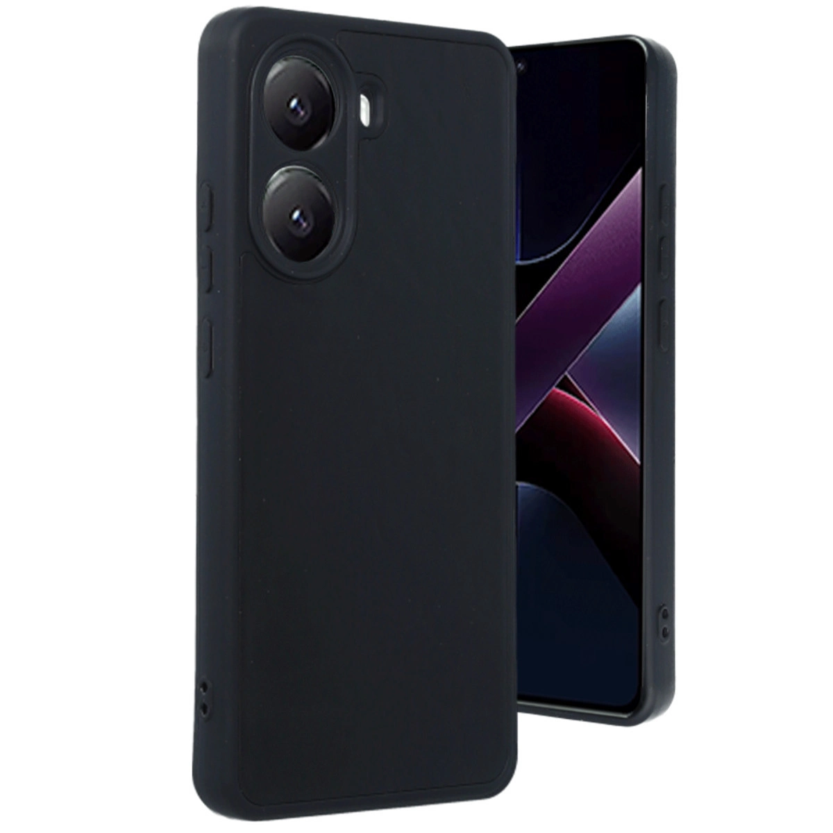 Kamera sistemli siyah telefon kılıfı, yanında koyu ekranlı bir akıllı telefon.