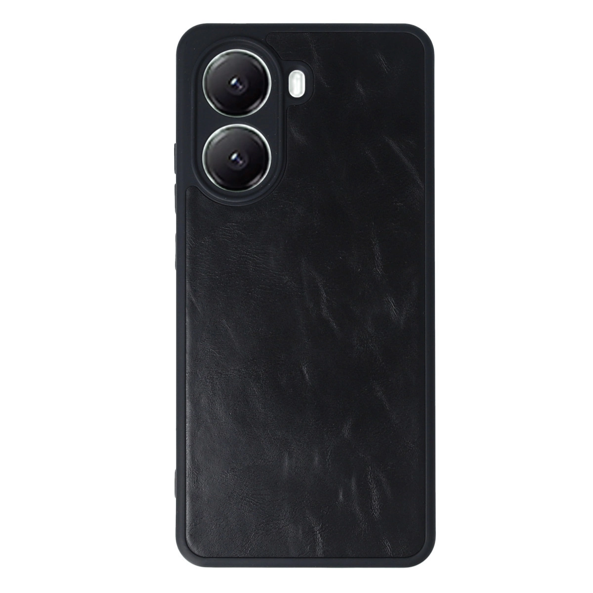 Arkada iki kamera lensi ve flaş bulunan siyah deri telefon kılıfı.