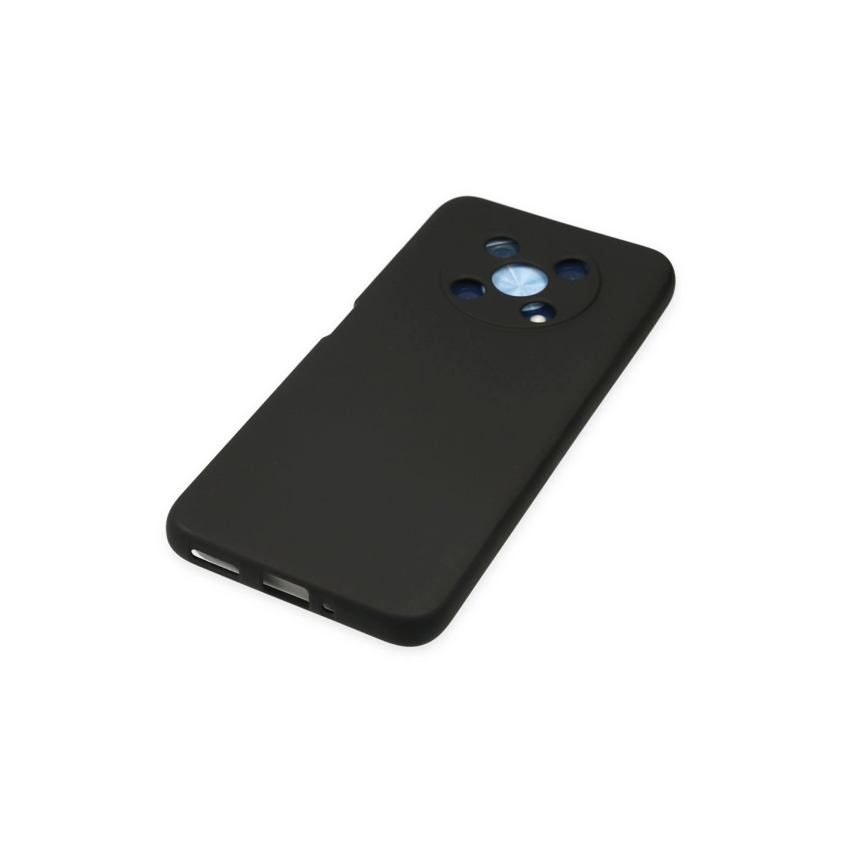 Beyaz arka plan üzerinde yuvarlak kamera modülü düzenine sahip siyah telefon kılıfı.