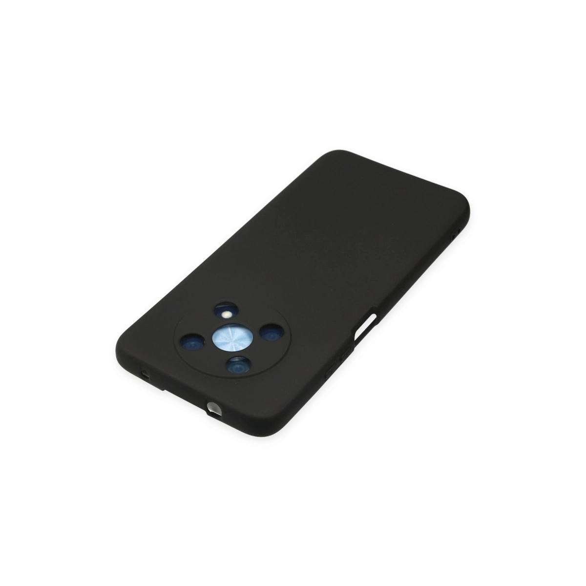 Dairesel kamera modülüne ve mavi flaşa sahip siyah telefon kılıfı.