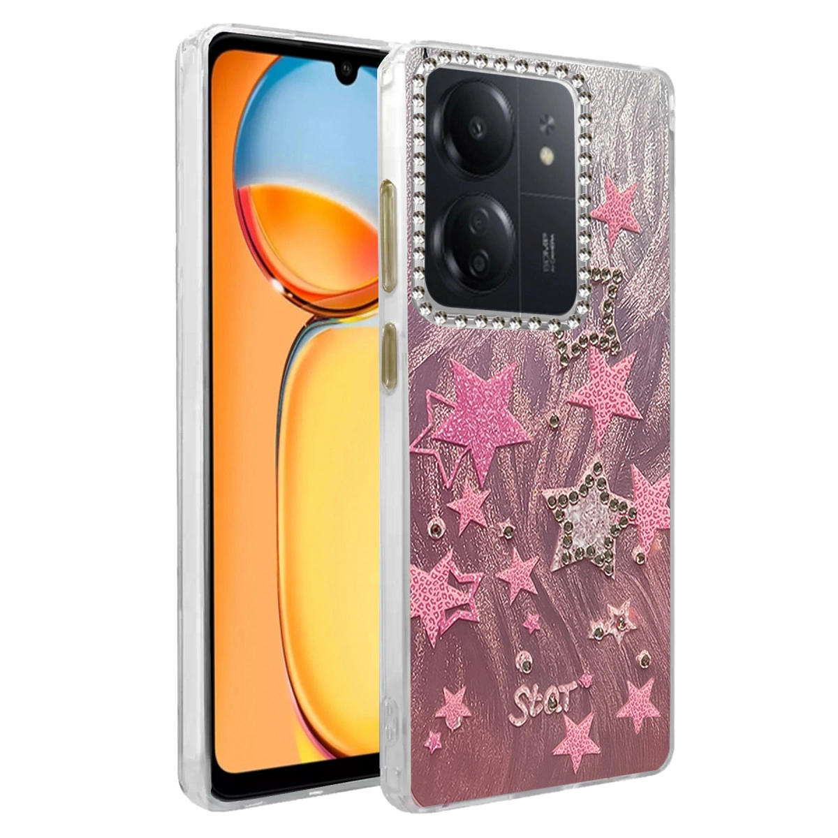 Pembe yıldızlar ve taşlarla süslenmiş şeffaf kılıflı bir telefon.