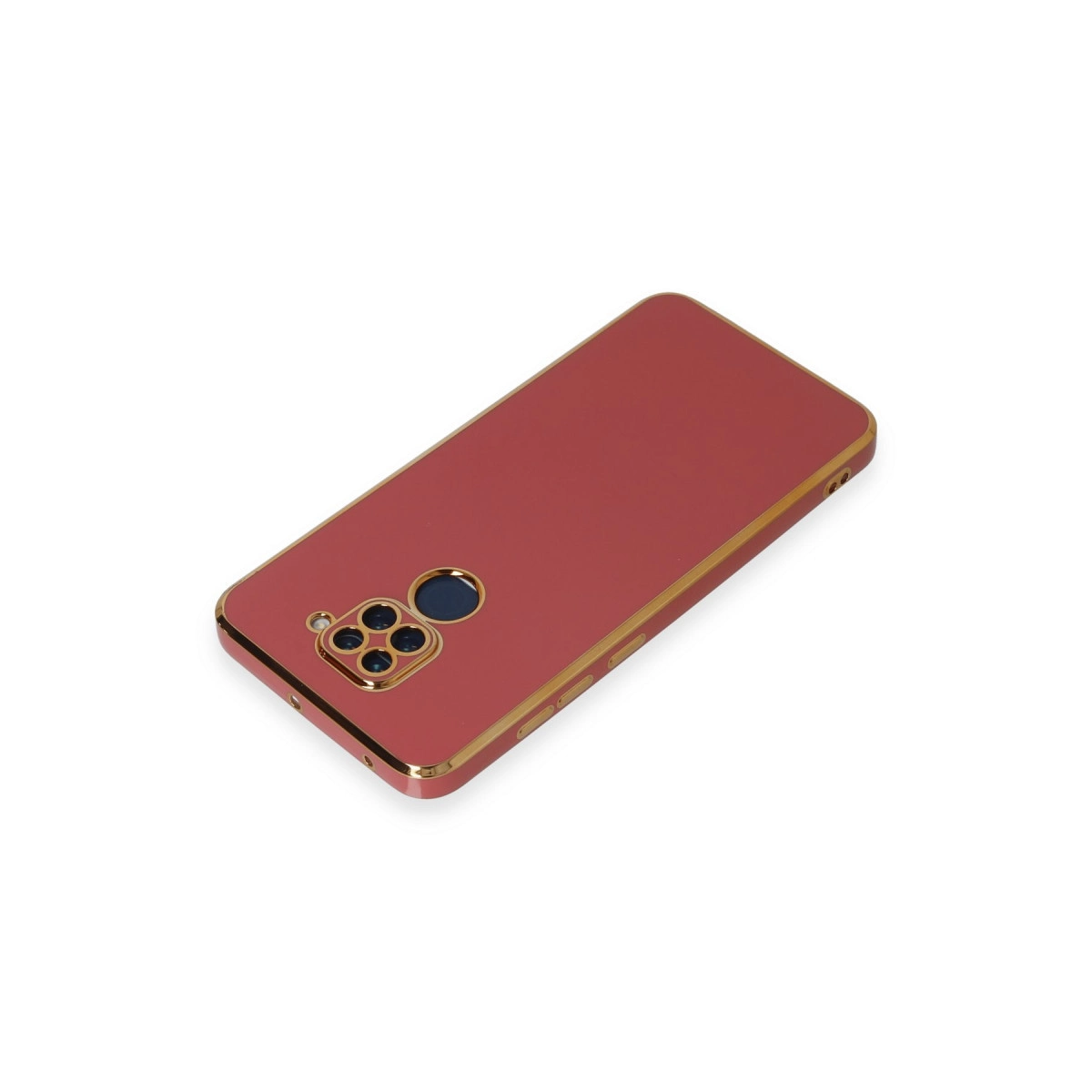 Altın kenarlı ve kamera kesimli kırmızı telefon kılıfı, beyaz zeminde.