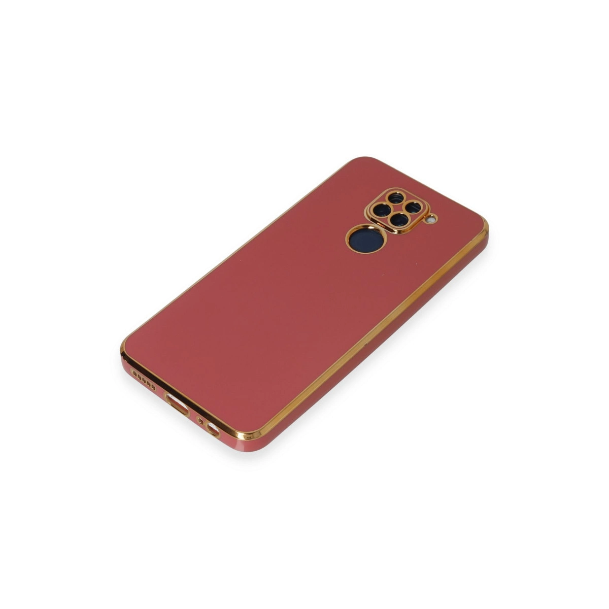 Altın kenarlı ve kamera kesimli kırmızı telefon kılıfı, beyaz zeminde.