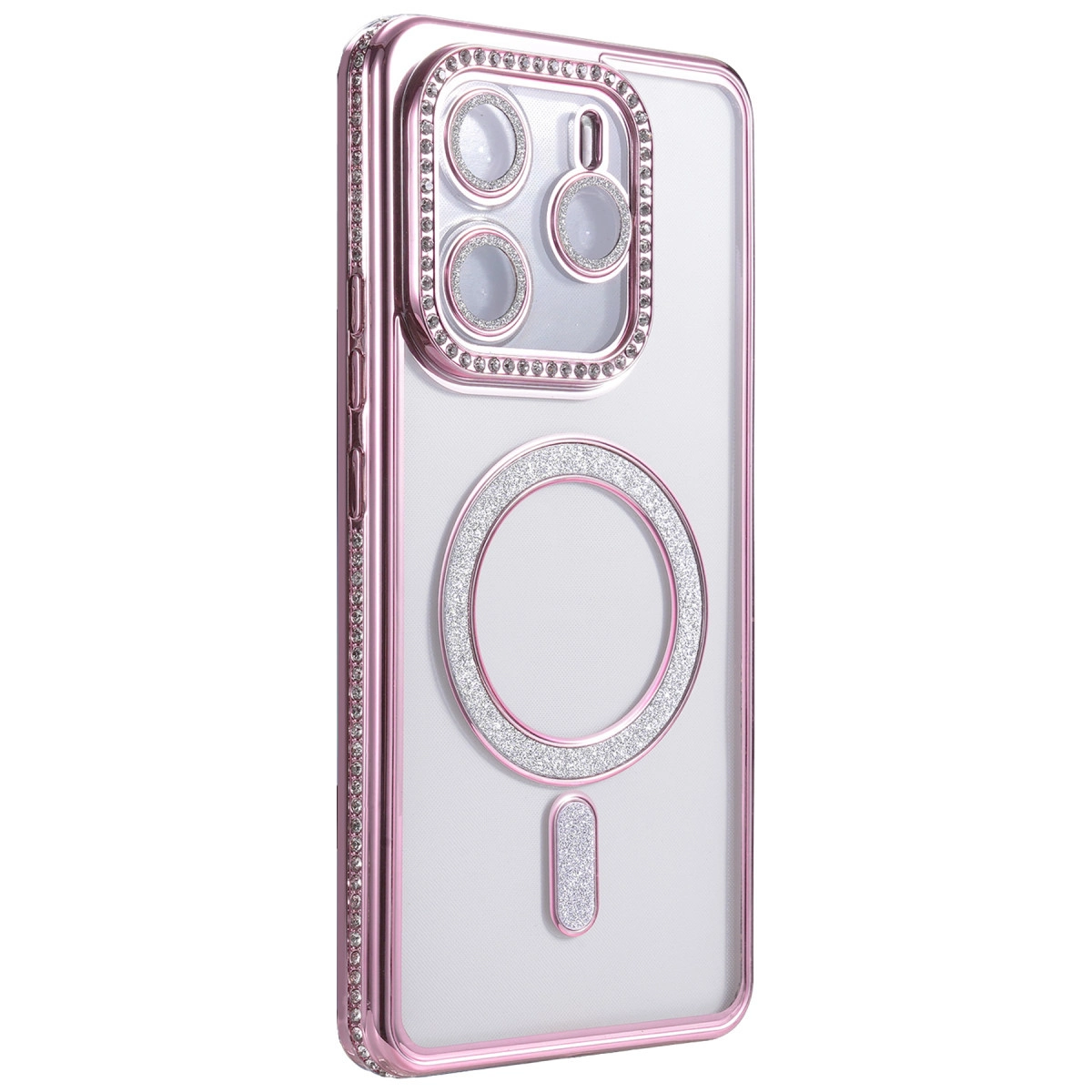 Pembe kenarlı, kamera kesimli, parlak detaylı şeffaf telefon kılıfı.