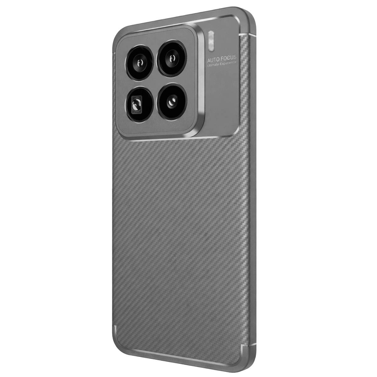 Karbon fiber dokulu gri telefon kılıfı, arkada dört kamera lensi.