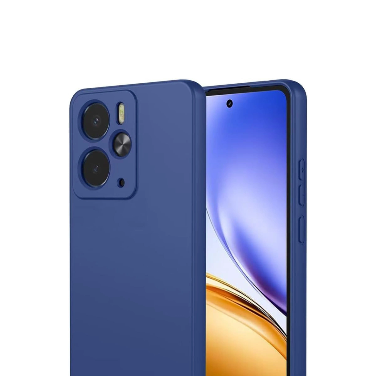 Kamera çıkıntılı ve kısmen görünen ekranlı mavi telefon kılıfı.