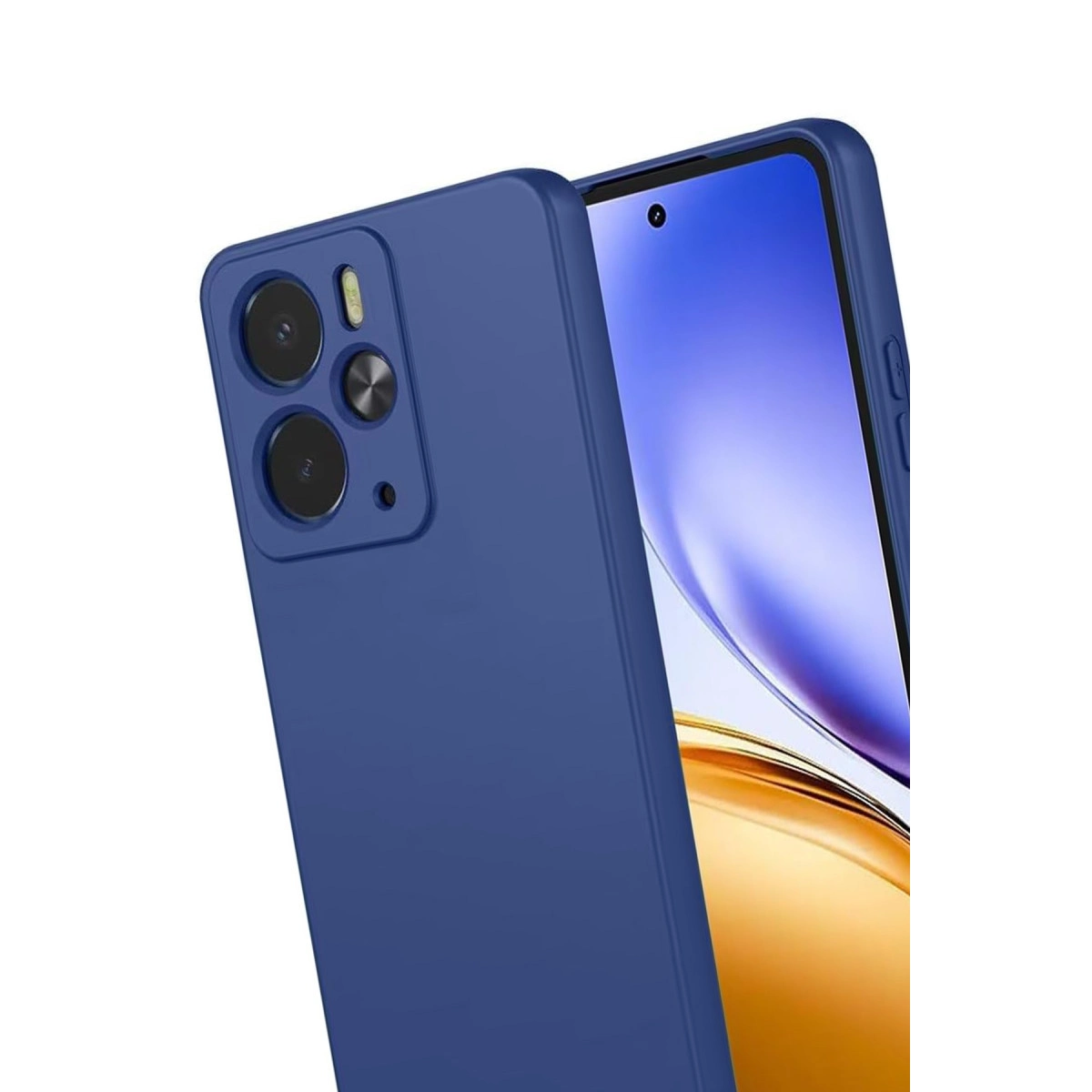 Kamera modülü ve ekranı olan mavi cep telefonu beyaz zeminde.