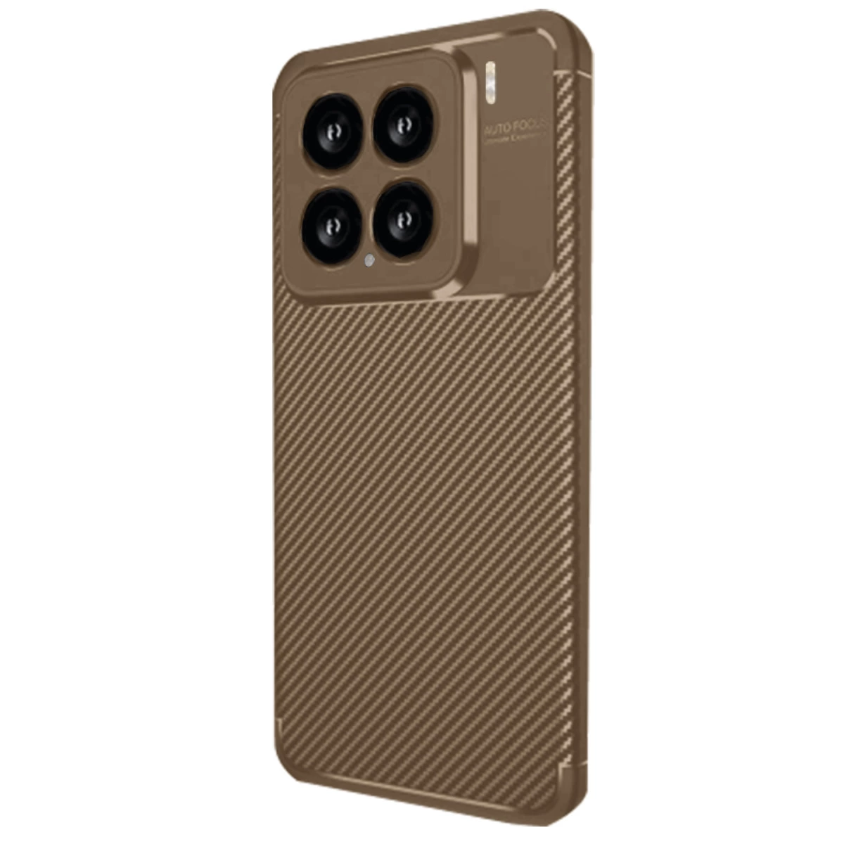 Dört kameralı, karbon fiber dokulu kahverengi akıllı telefon.
