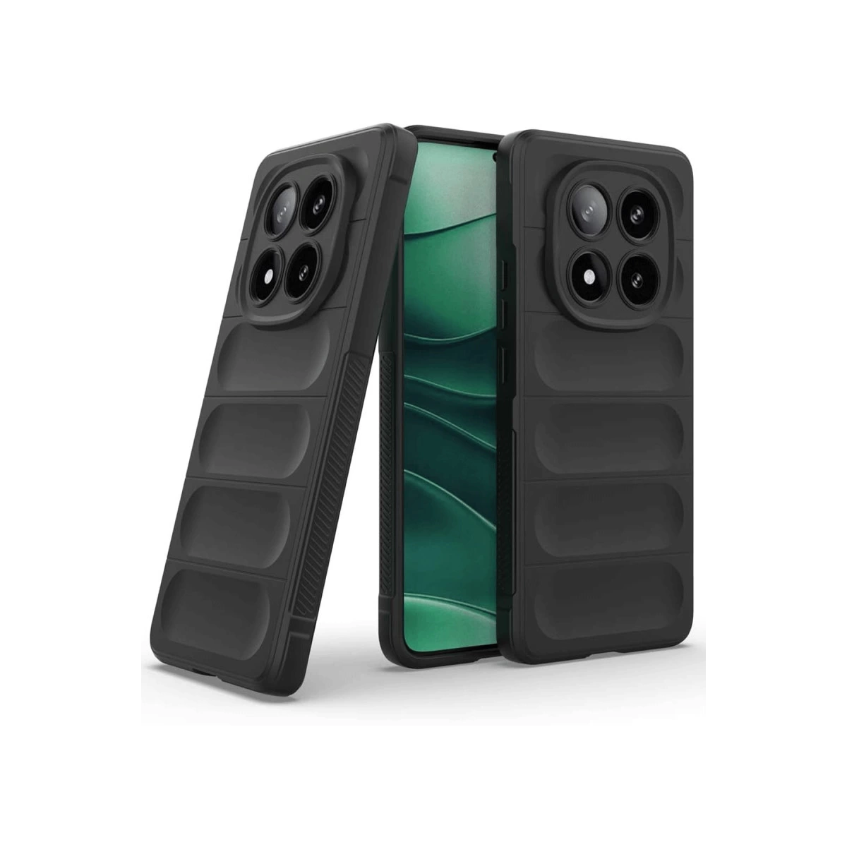 Dörtlü kamera lensli ve nervürlü detaylı iki siyah telefon kılıfı.