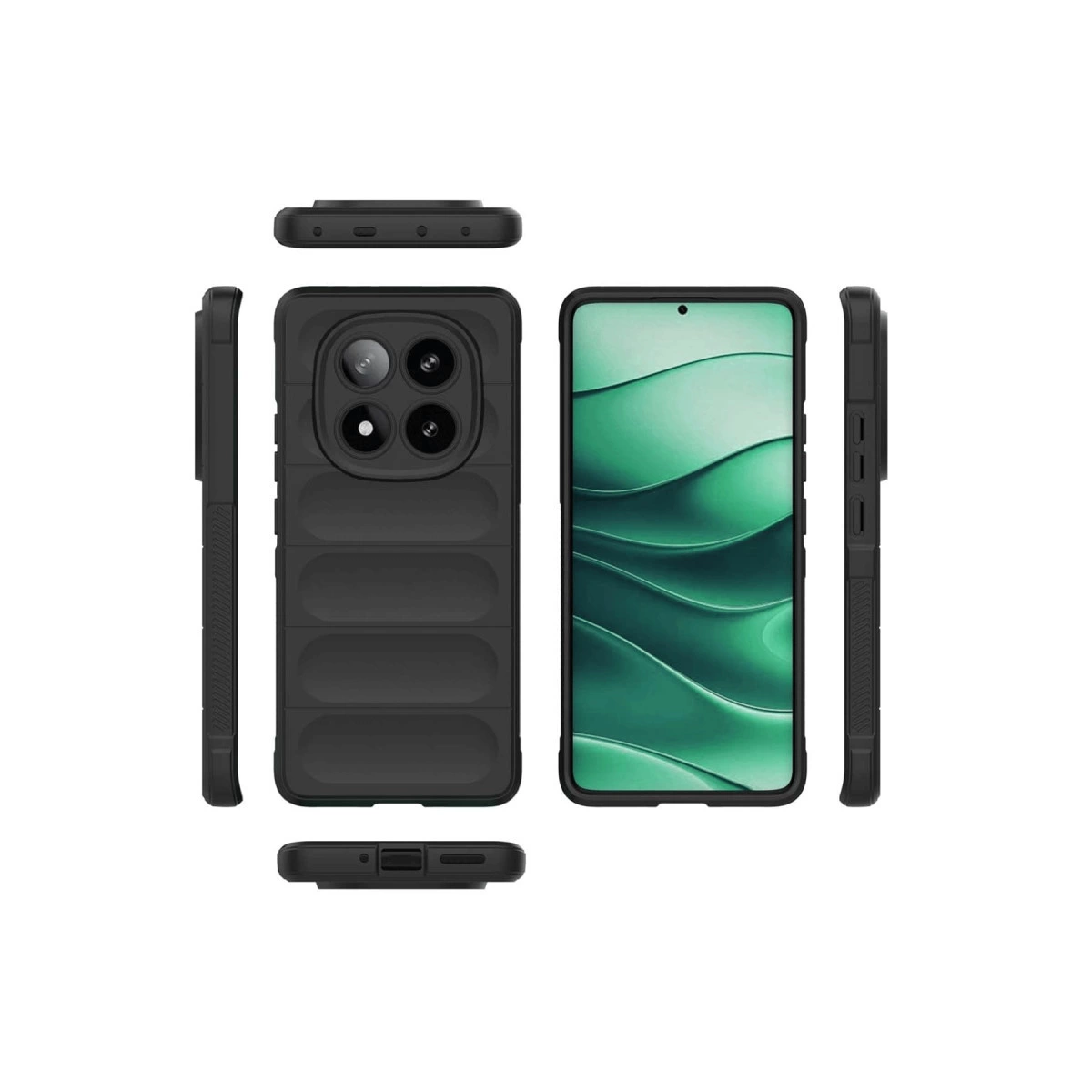 Yeşil ekranlı bir telefonla birden fazla açıdan gösterilen siyah akıllı telefon kılıfı.
