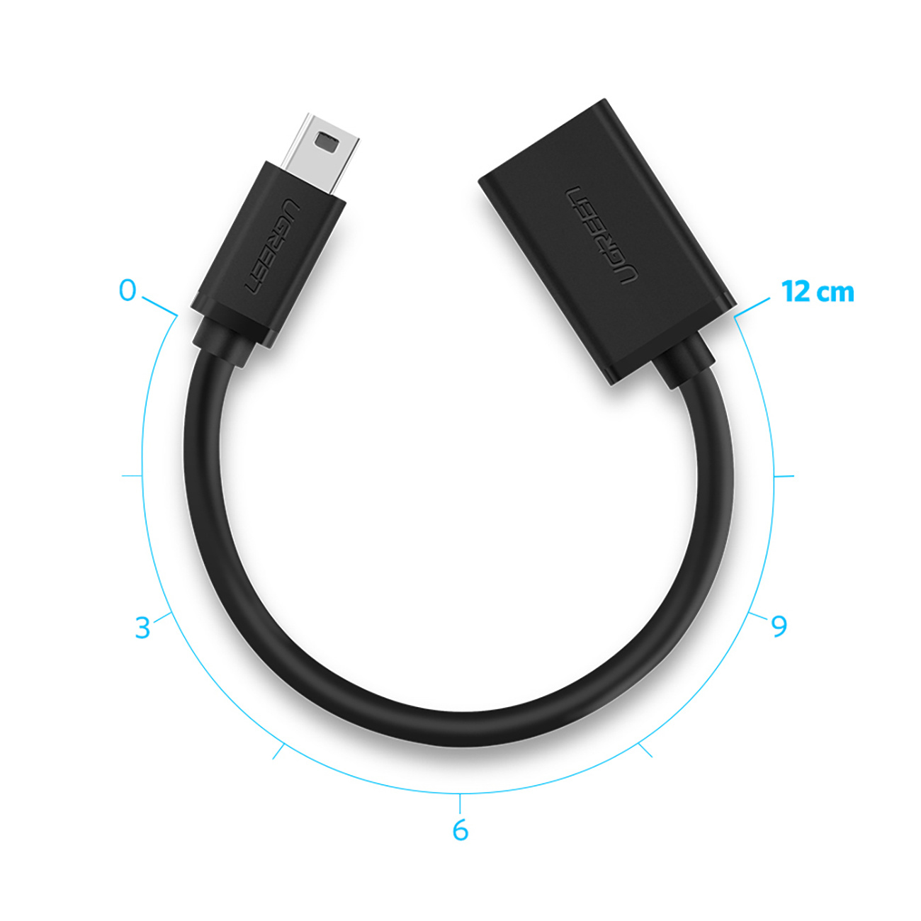Czarny kabel USB z wtyczkami mini USB i USB-A, długość 12cm.