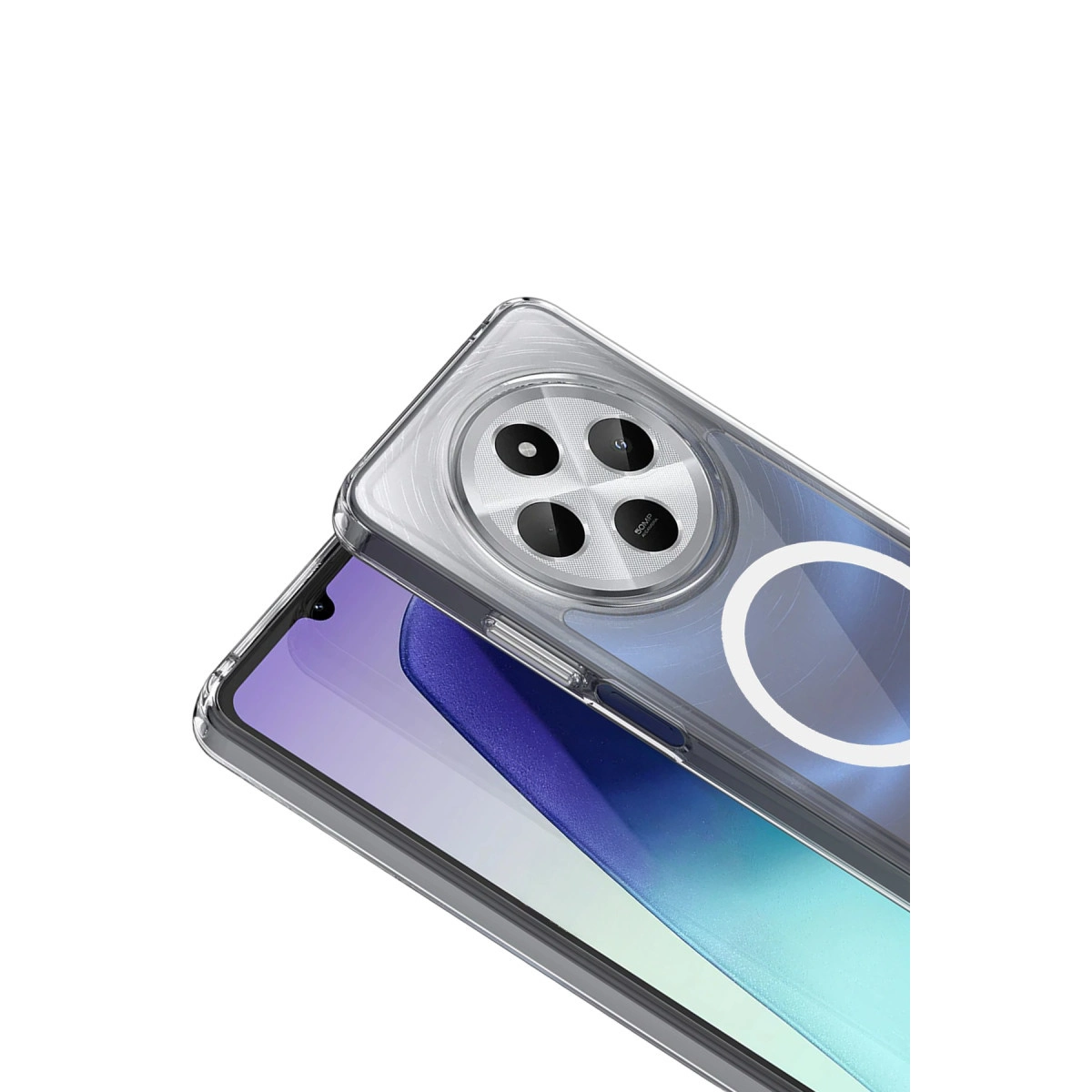 Dört kameralı ve halkalı şeffaf telefon kılıfı beyaz zeminde.
