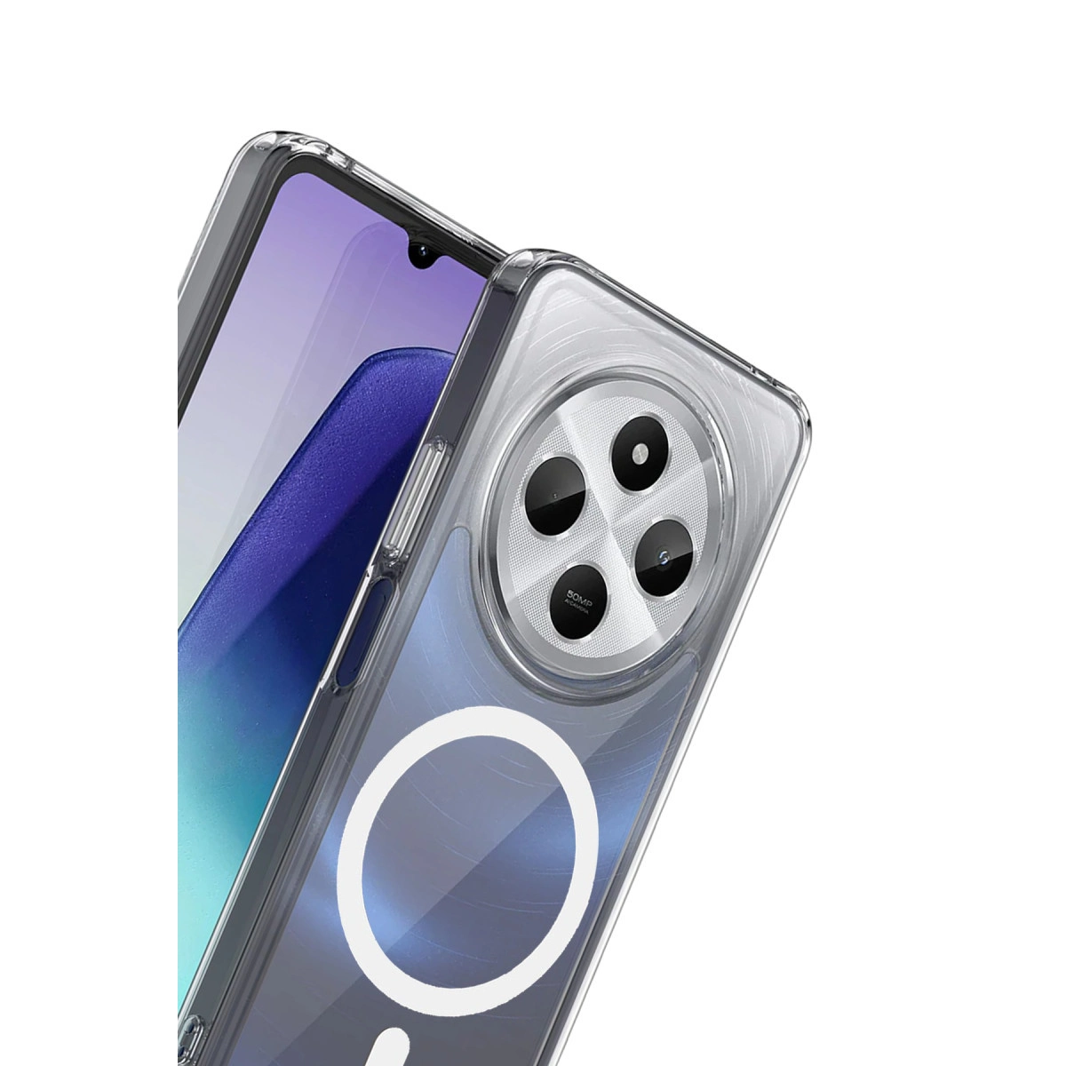 Kamera modülü ve manyetik halkalı şeffaf telefon kılıfı.