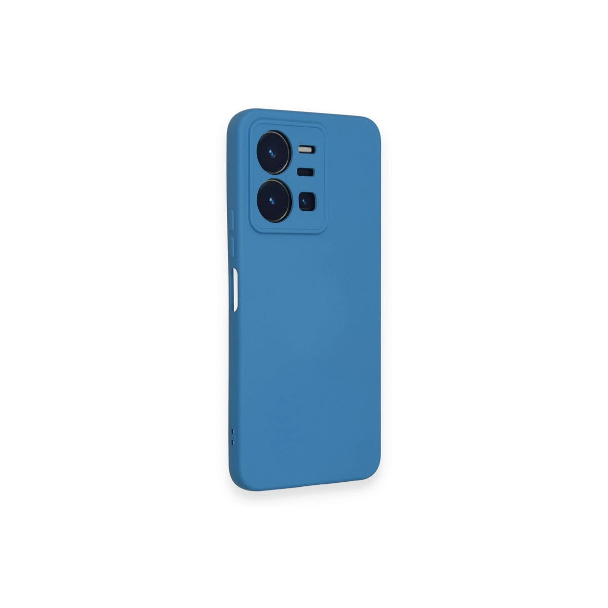Beyaz arka plan üzerinde kamera modülü oyuntulu mavi telefon kılıfı.