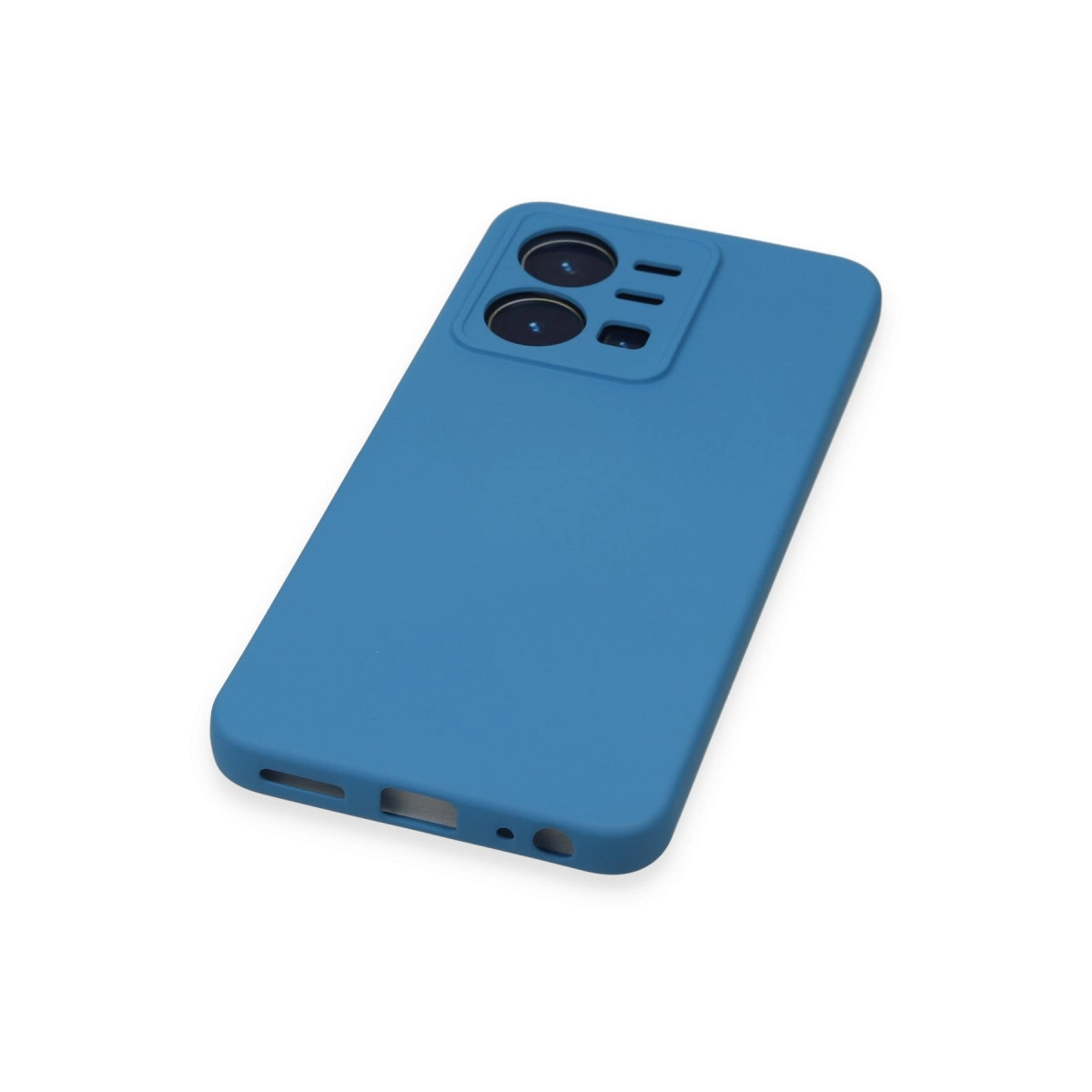 Portlar için kesiklere ve kamera modülüne sahip mavi telefon kılıfı.