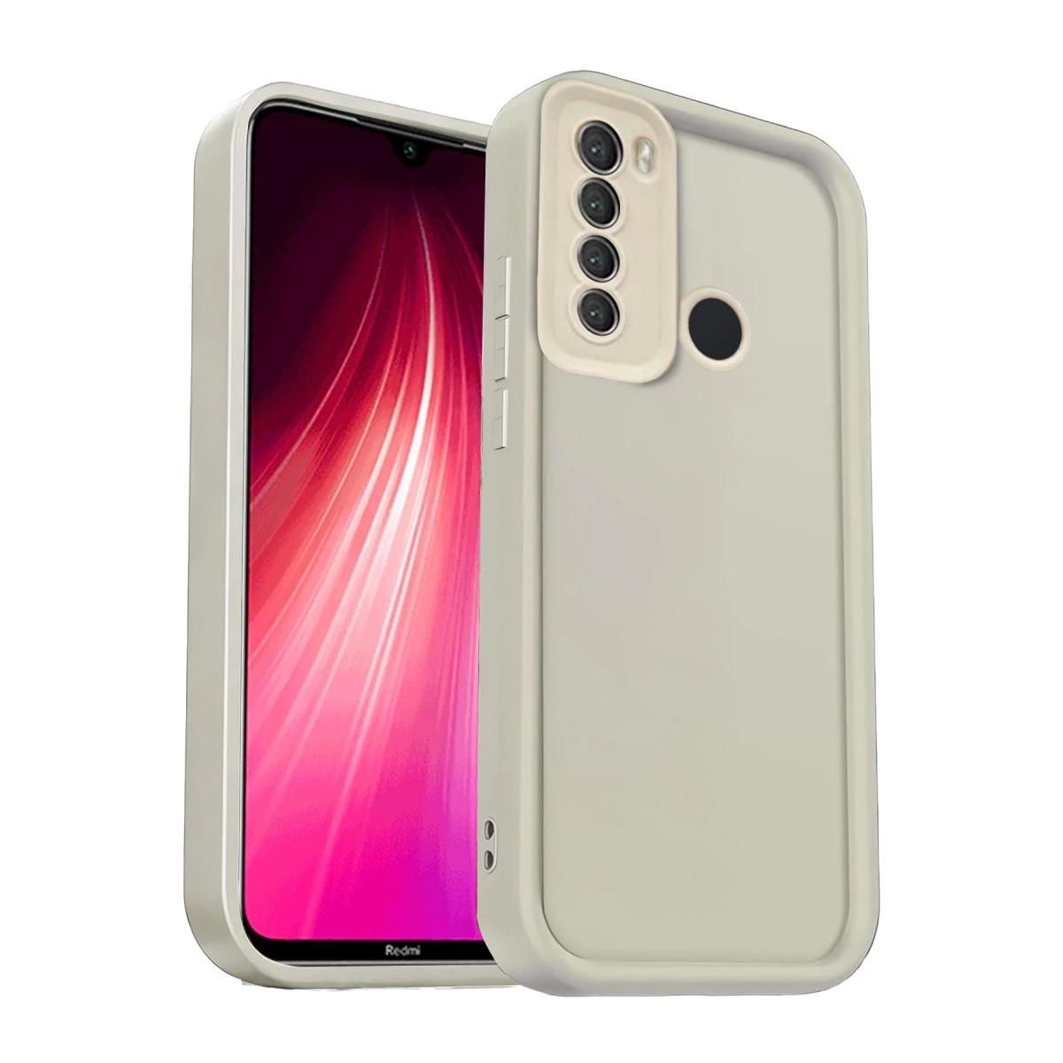 Ekranında kırmızı arka plan olan açık gri bir telefon.