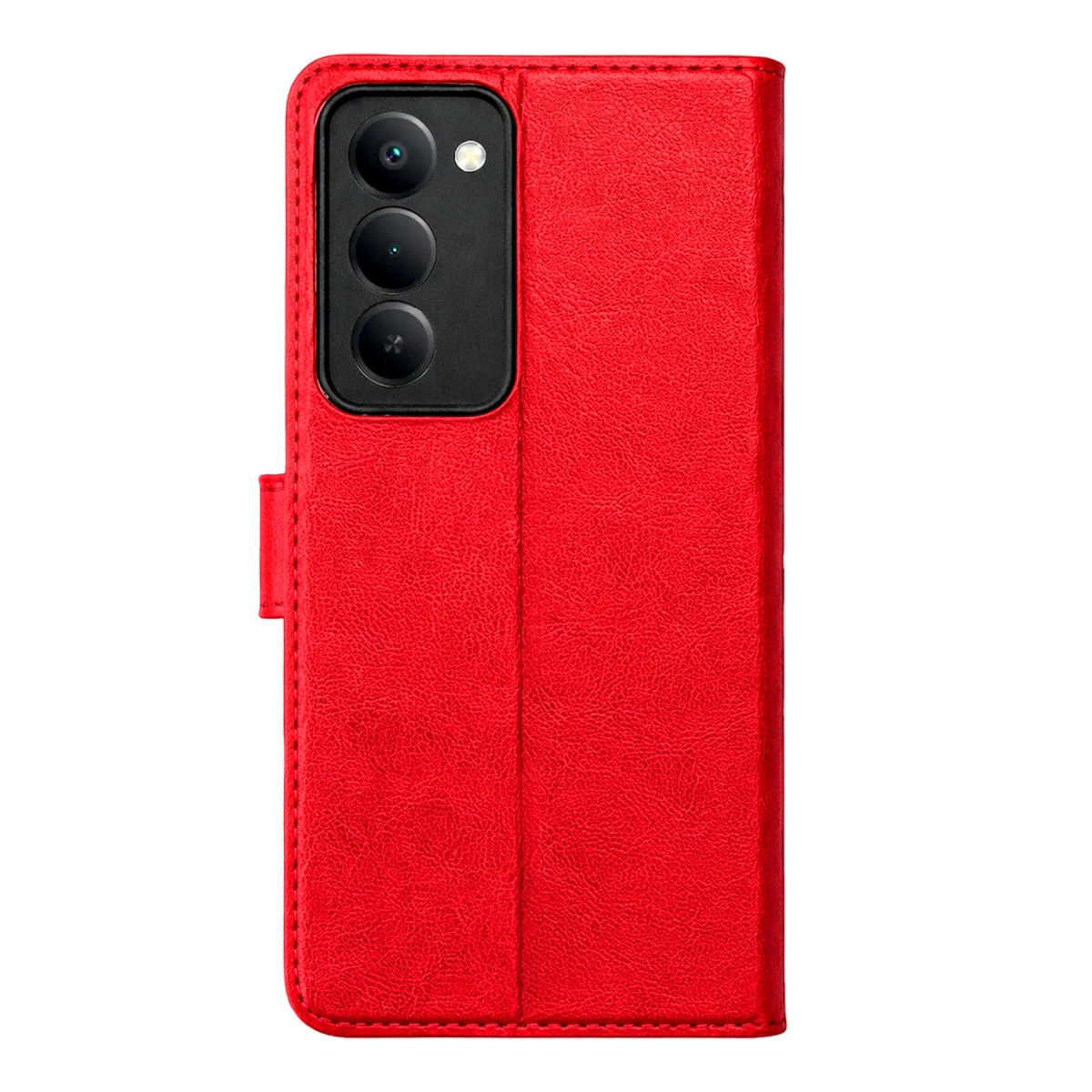 Üç kamera lensli ve kapaklı kırmızı telefon kılıfı.