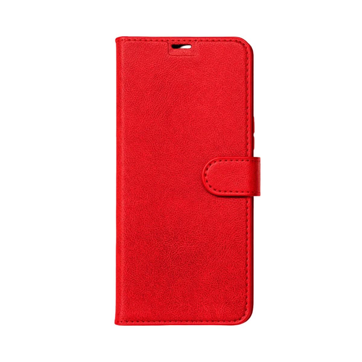 Kırmızı deri telefon kılıfı, kayışlı kapatma, beyaz arka plan üzerinde.