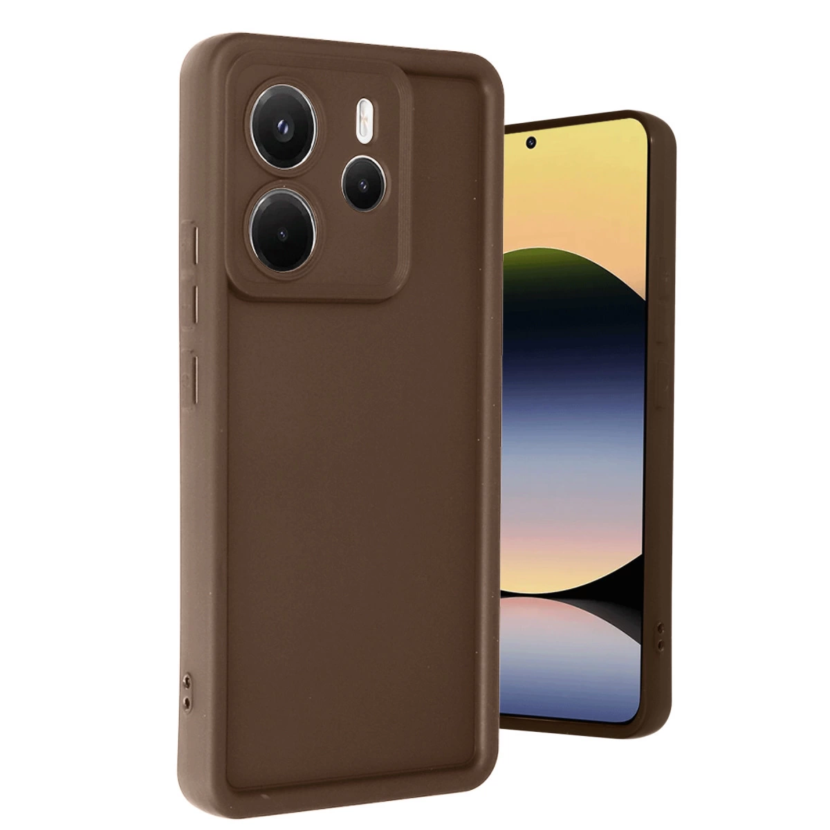 Kamera lensli kahverengi telefon kılıfı akıllı telefonun yanında.
