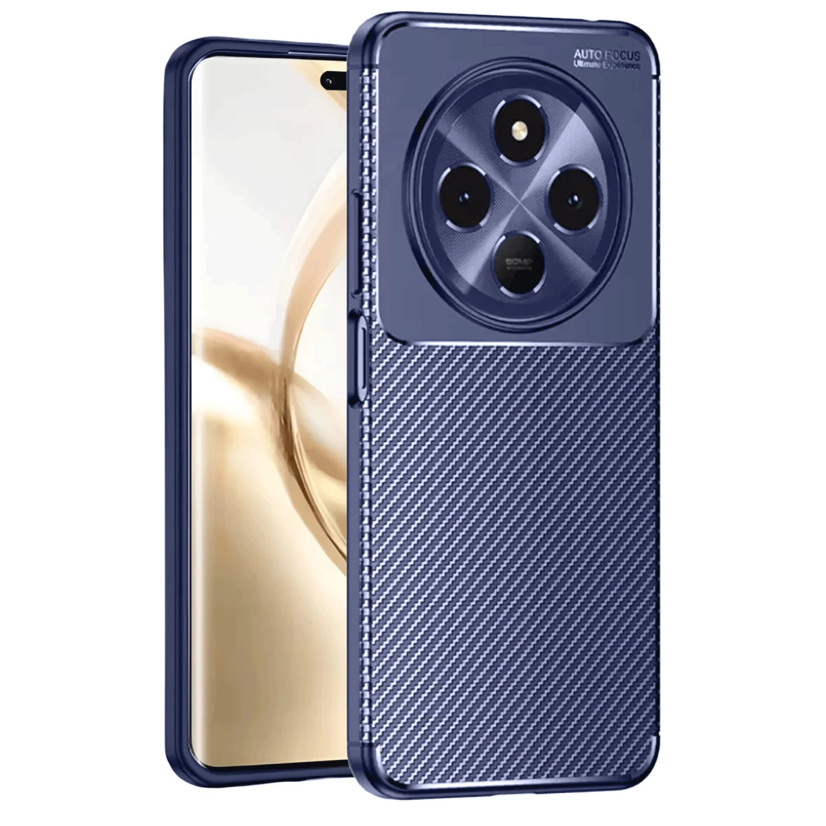 Karbon fiber dokulu ve kamera kesimli mavi telefon kılıfı.