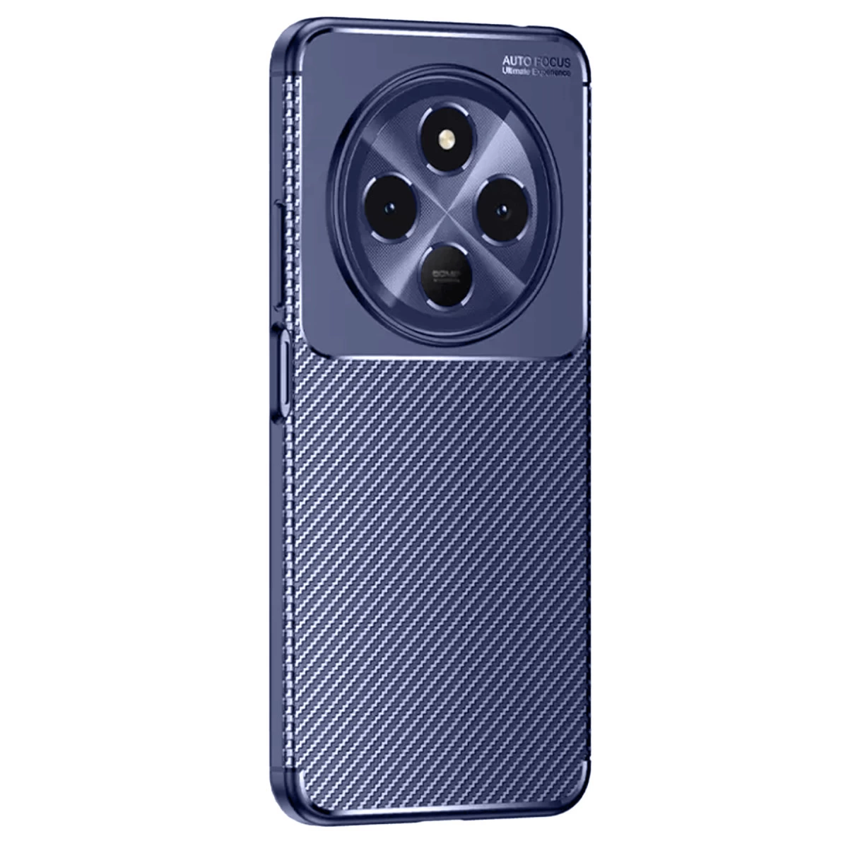 Karbon dokulu arka yüze ve dört arka kameraya sahip mavi telefon.