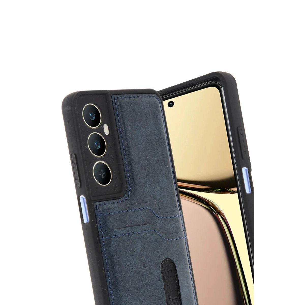 Kart yuvalı ve üçlü kameraya sahip lacivert telefon kılıfı.