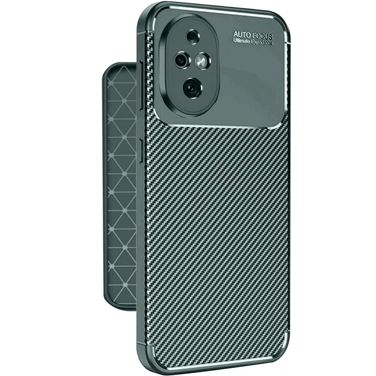Karbon fiber desenli, koyu gri telefon kılıfı ve kamera boşluğu.