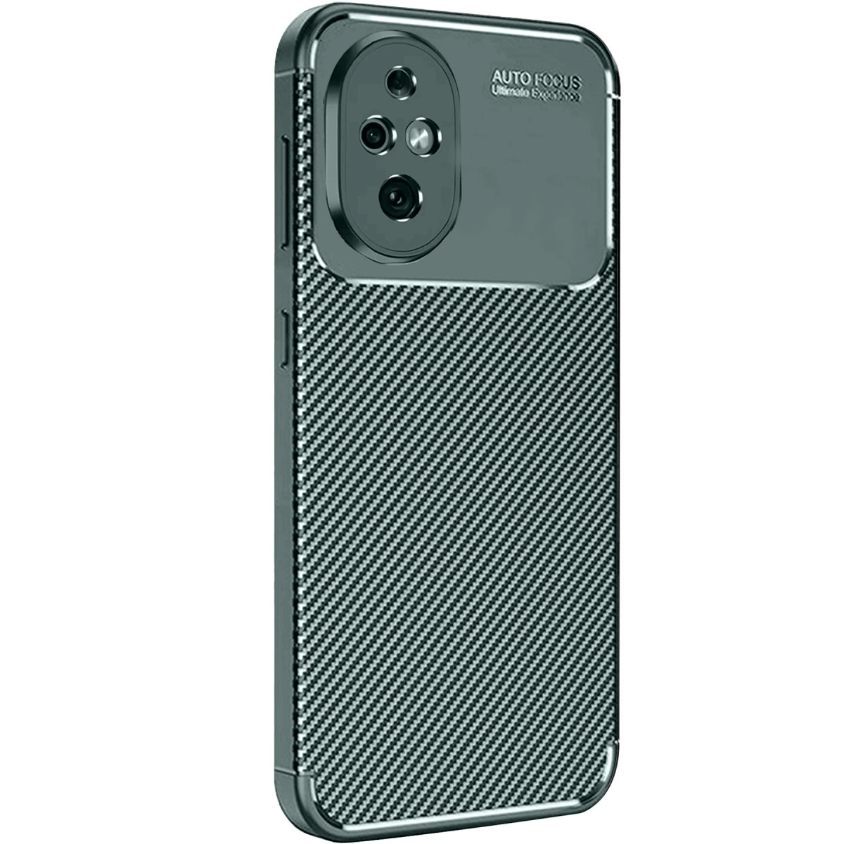 Karbon desenli, üç kameralı siyah telefon kılıfı.
