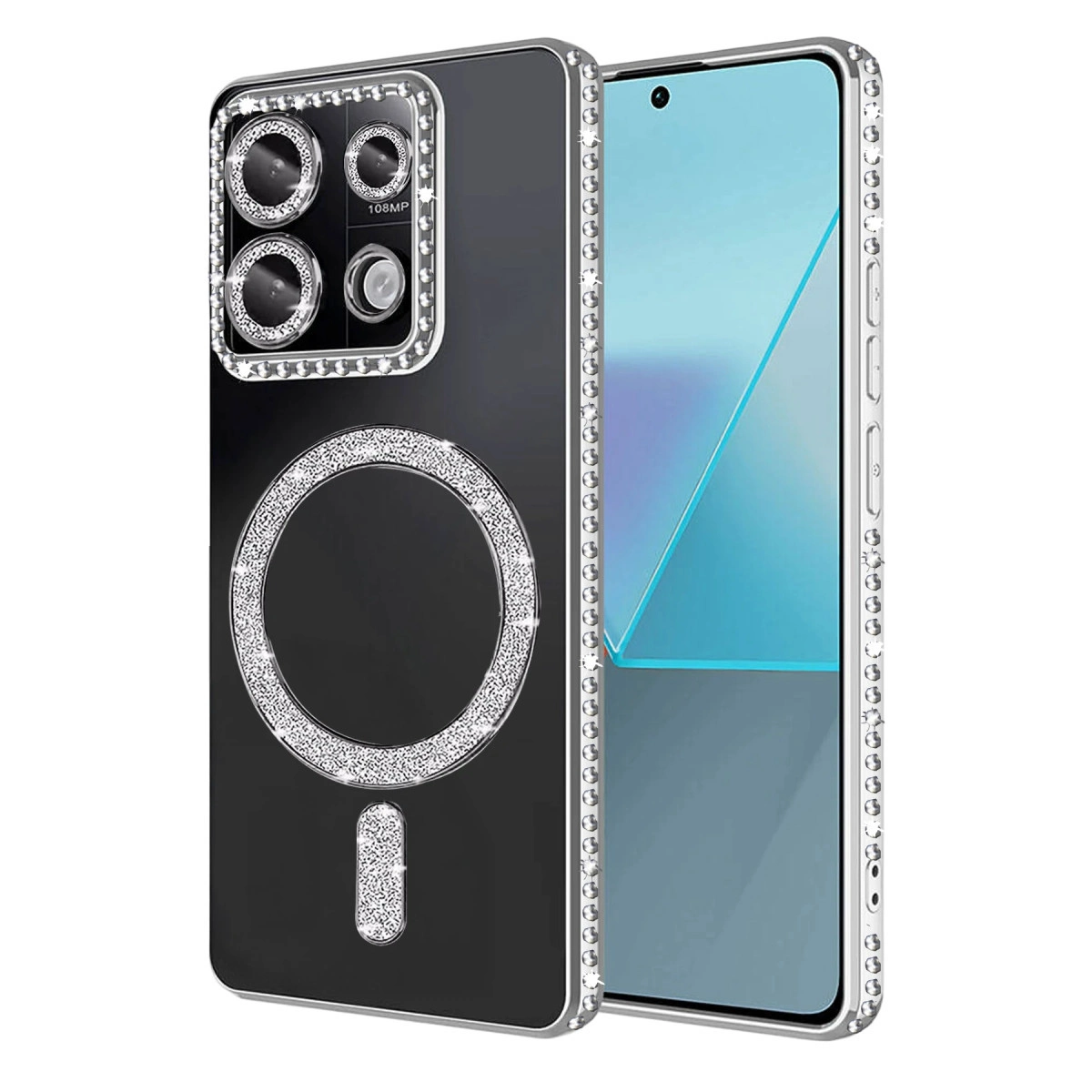 NEWFACE Xiaomi Redmi 13C Uyumlu Joke Simli Magneticsafe Telefon Kılıfı Gümüş
