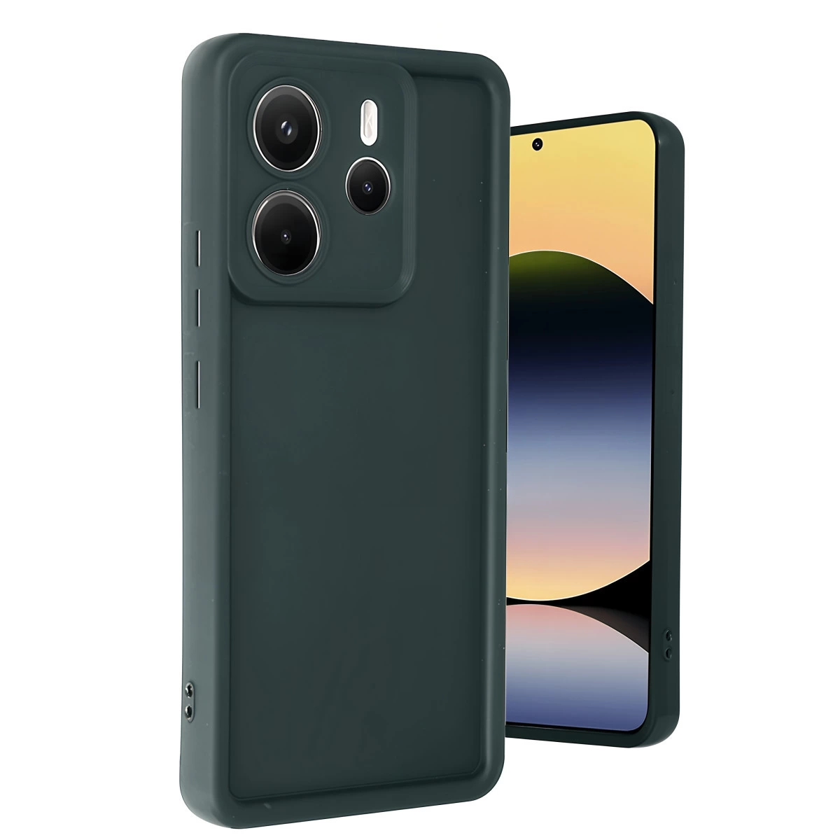 Üç kamera lensli koyu yeşil telefon kılıfı, renkli ekranlı bir akıllı telefonun yanında.