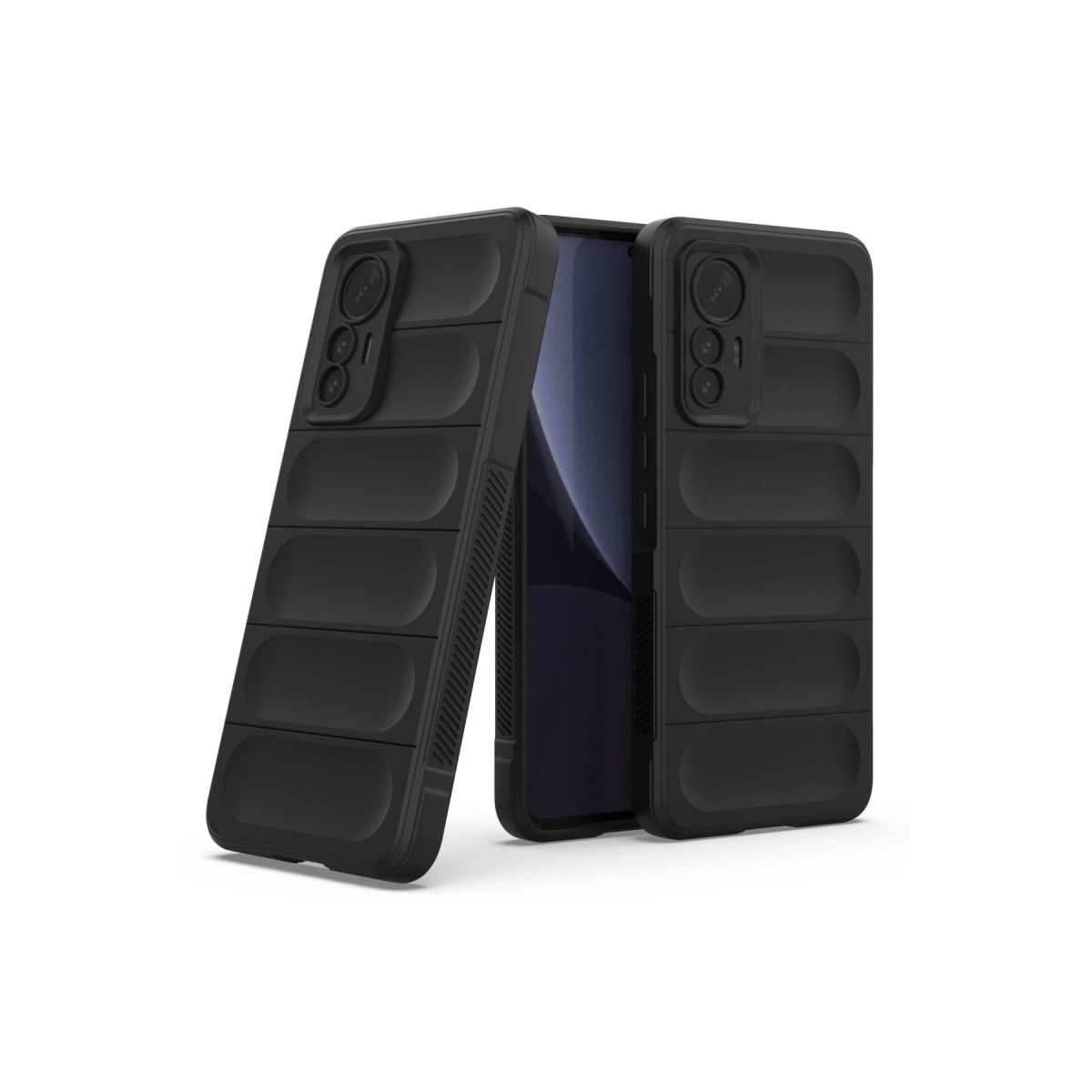 Oymalı dokulu ve kamera modüllü iki siyah telefon kılıfı.