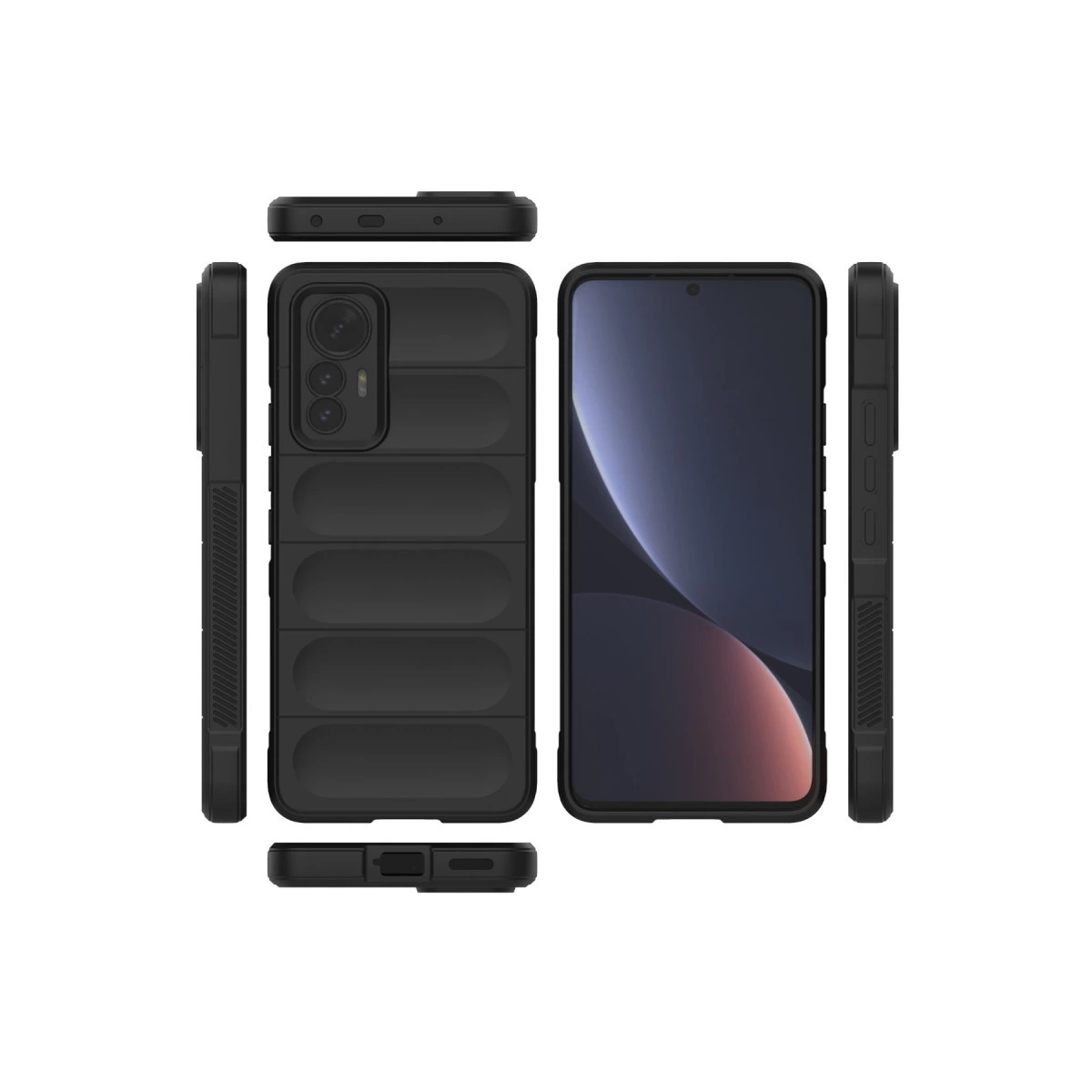 Yatay oluklu siyah telefon kılıfı ve bir akıllı telefon.