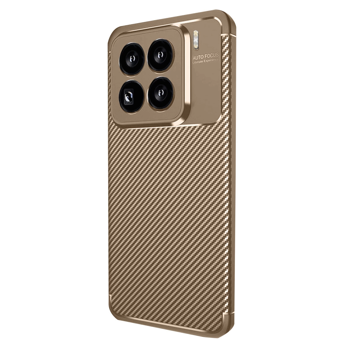 Karbon desenli, dört kameralı altın rengi telefon kılıfı.