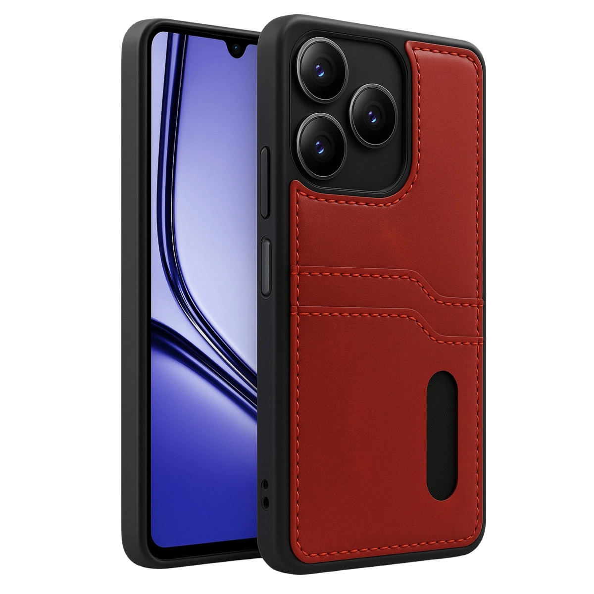 Arkada kart yuvaları ve üç kamera lensi bulunan kırmızı telefon kılıfı.