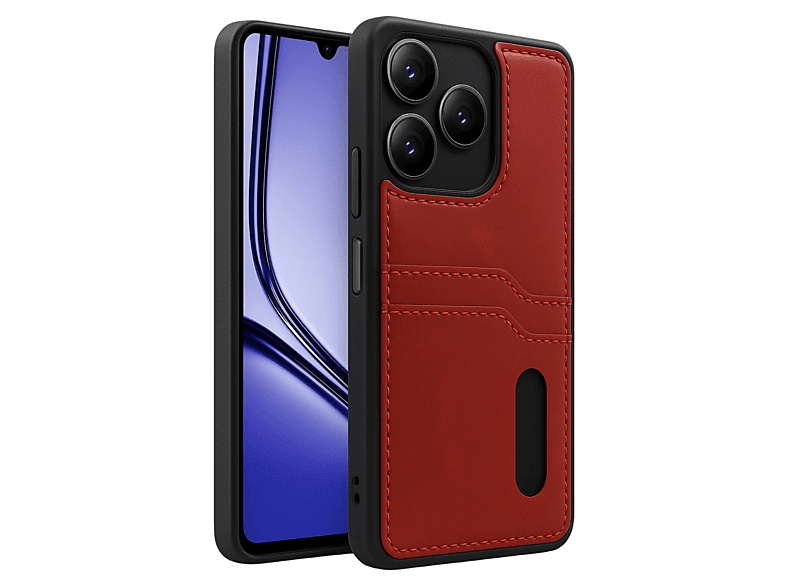 NEWFACE Realme Note 50 4G Uyumlu Sara Kartvizitli Deri Telefon Kılıfı Kırmızı