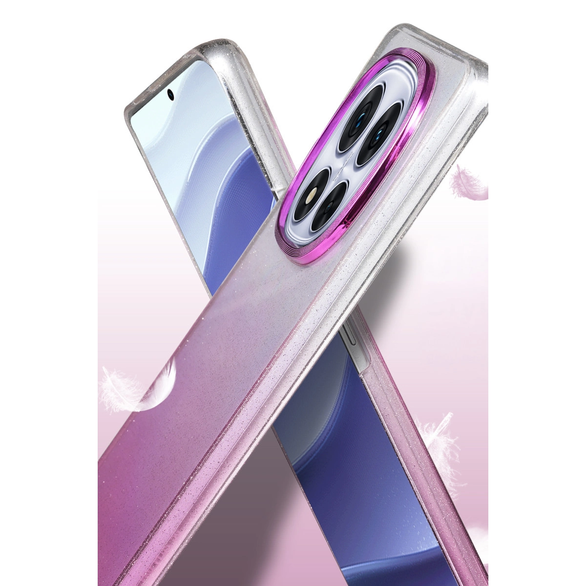 Pembe vurgulu, simli, şeffaf iki telefon kılıfı ve kameralar.