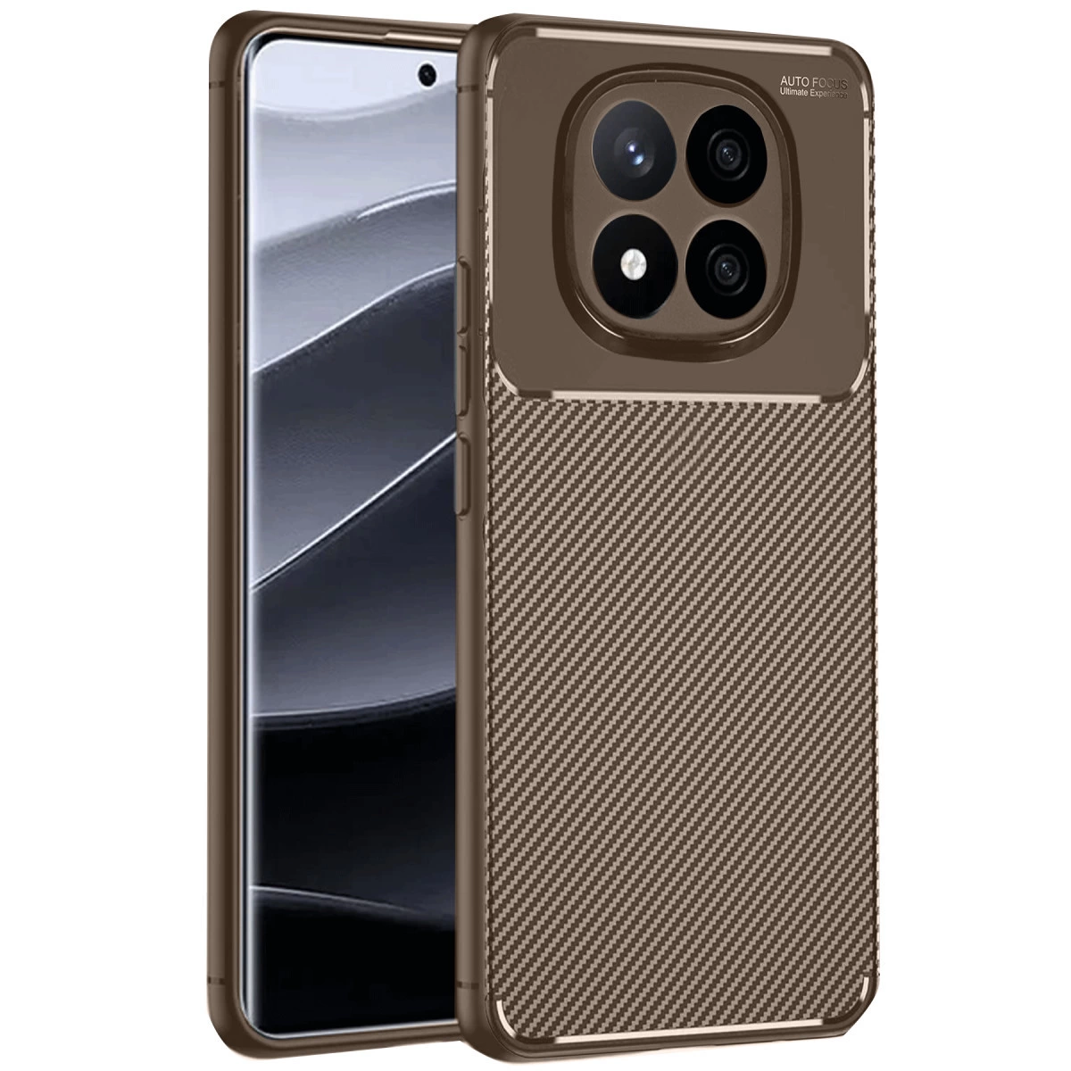 Karbon fiber dokulu, dört kameralı kesimli kahverengi telefon kılıfı.