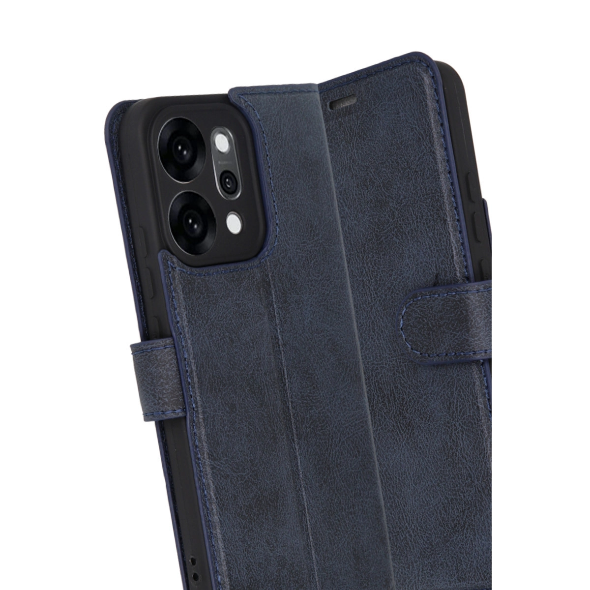 Kamera kesimli, kayış kapamalı lacivert deri telefon kılıfı.