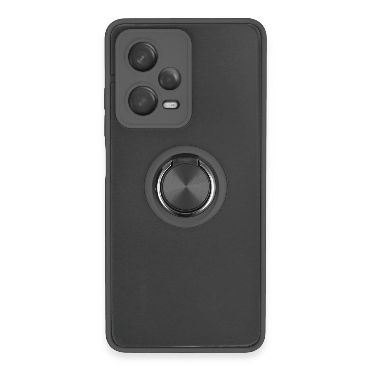 Üç kameralı, halka tutuculu siyah telefon kılıfı.