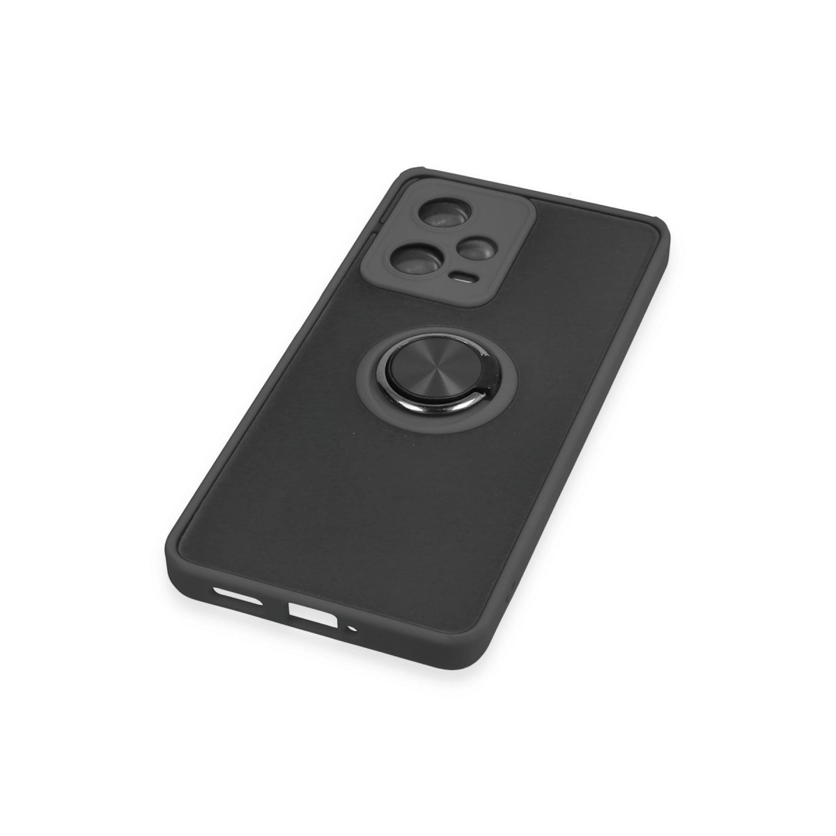 Halka tutuculu ve kamera modüllü siyah telefon kılıfı.