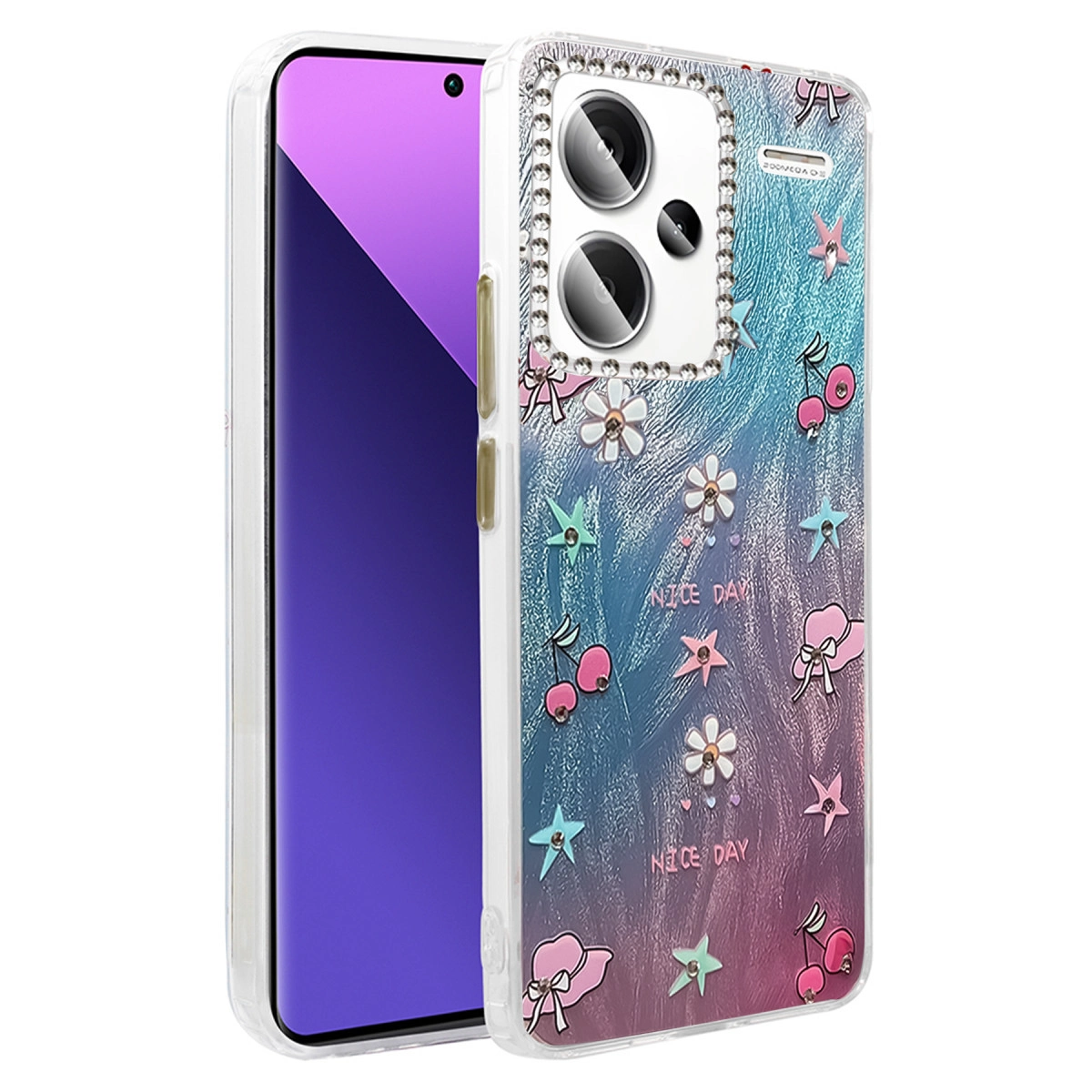 Kiraz, çiçek, yıldız ve şapka ile süslenmiş, pembe ve mavi arka planlı şeffaf telefon kılıfı.