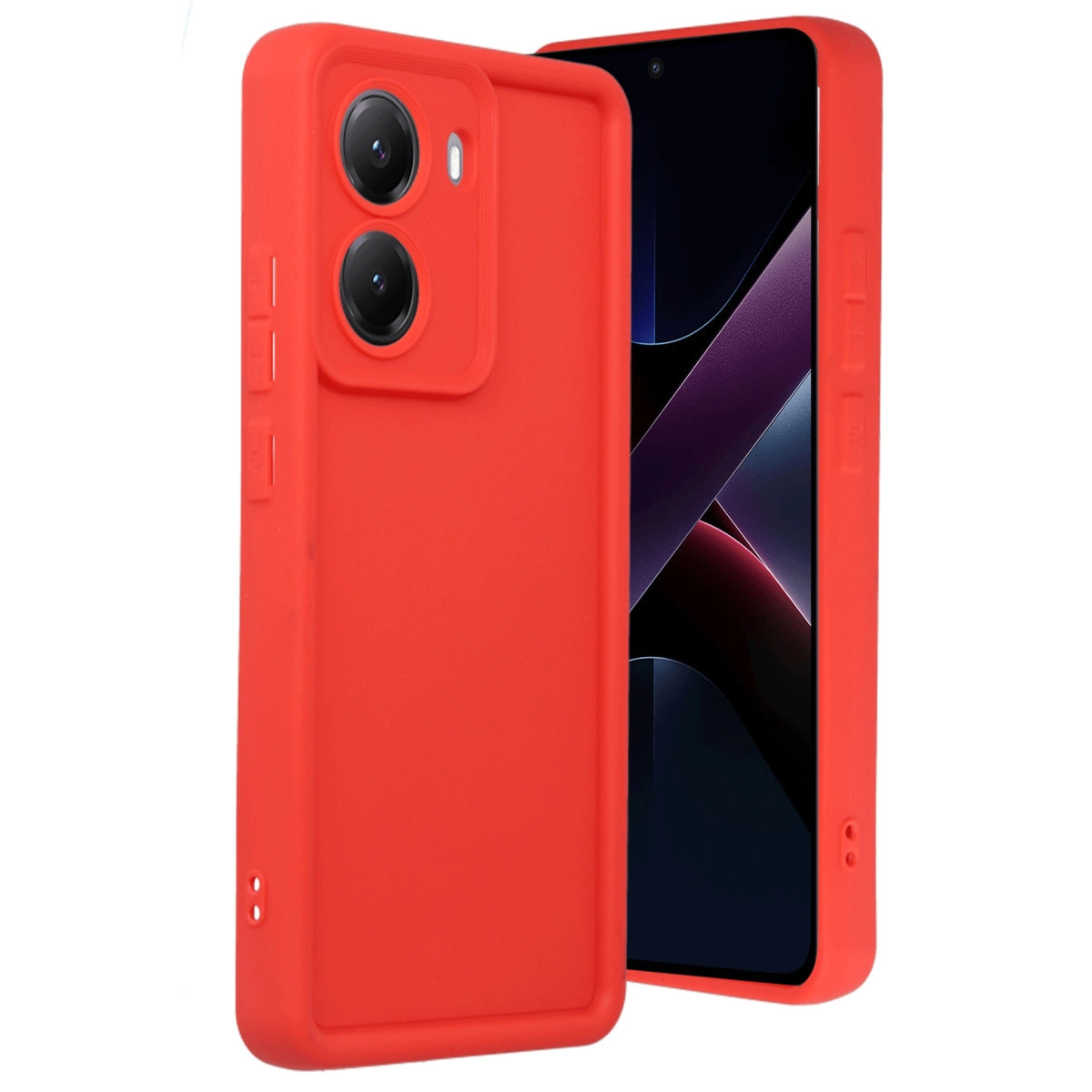 Çift kamera kesimli kırmızı telefon kılıfı, yanında koyu ekranlı bir akıllı telefon.