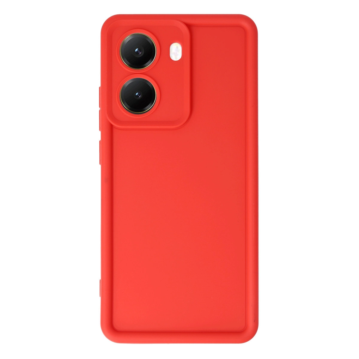 İki kamera lensi ve flaşlı kırmızı telefon kılıfı.