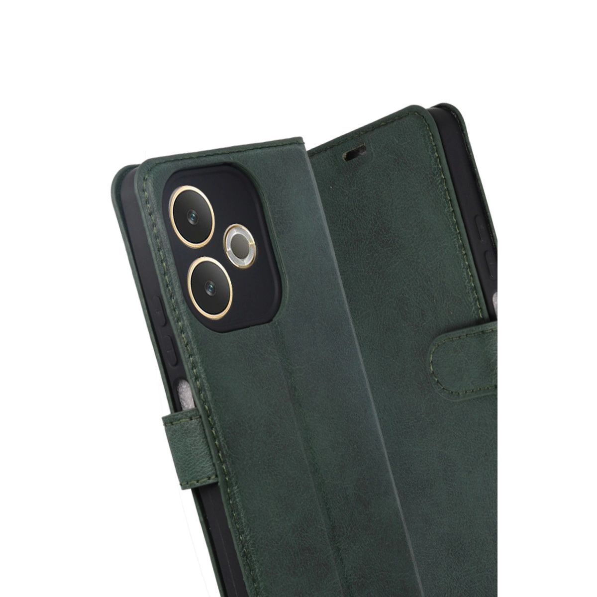 Kamera kesimli, kapaklı koyu yeşil telefon kılıfı.