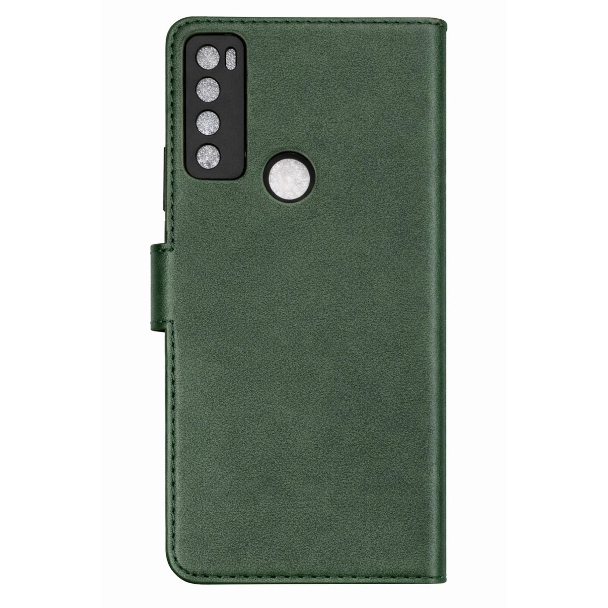 Kamera kesimli ve parmak izi sensörlü yeşil deri telefon kılıfı.